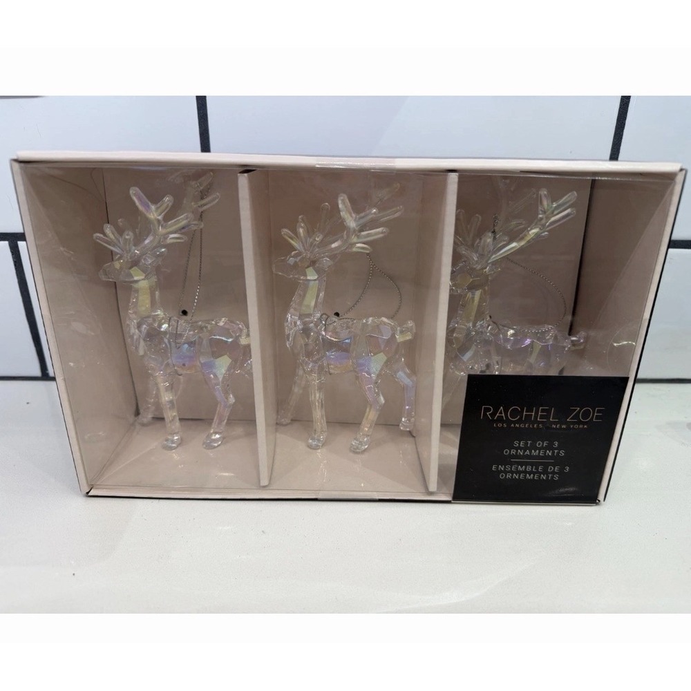 Rachel Zoe‎ Clear Iridescent Acrylic Reindeer Ornaments 3pc 5.5" Deer Christmas